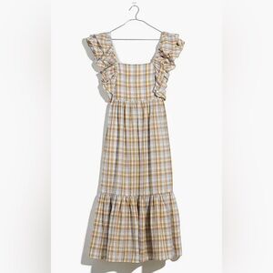 NWT MADEWELL ruffled airy 70s vibe tiered blue and tan plaid midi dress size 14